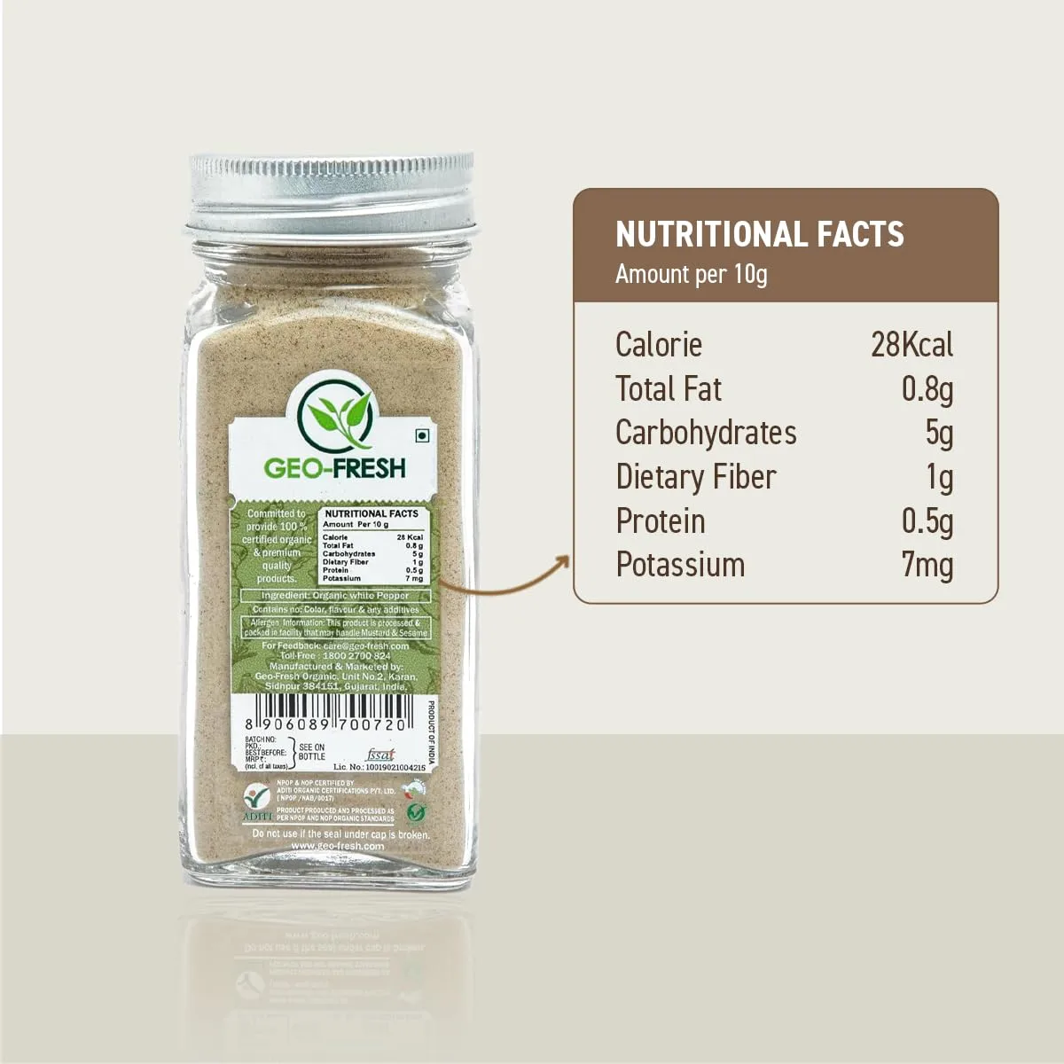 Geo-Fresh Organic White Pepper Ground – 1.94 oz Glass Jar – White Pepper Powder – USDA Certified, Non-GMO, Kosher, Gluten-Free – Premium Organic Spice for Cooking & Seasoning