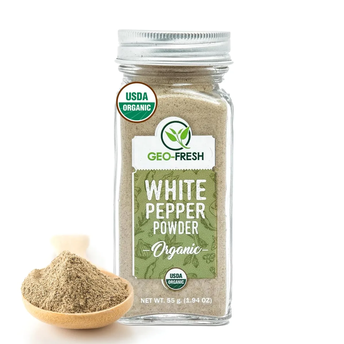 Geo-Fresh Organic White Pepper Ground – 1.94 oz Glass Jar – White Pepper Powder – USDA Certified, Non-GMO, Kosher, Gluten-Free – Premium Organic Spice for Cooking & Seasoning