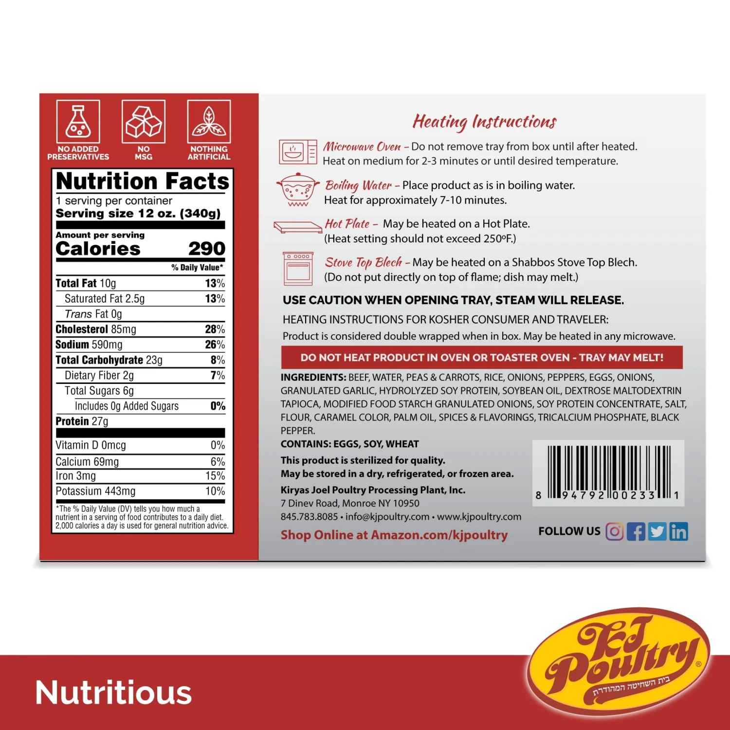 KJ Poultry Kosher Ready Meals - Beef Pepper Steak & Rice, MRE Meat Meals Ready to Eat (3 Pack) Prepared Entree Fully Cooked, Shelf Stable Microwave Dinner Travel, Military, Camping, Emergency Survival