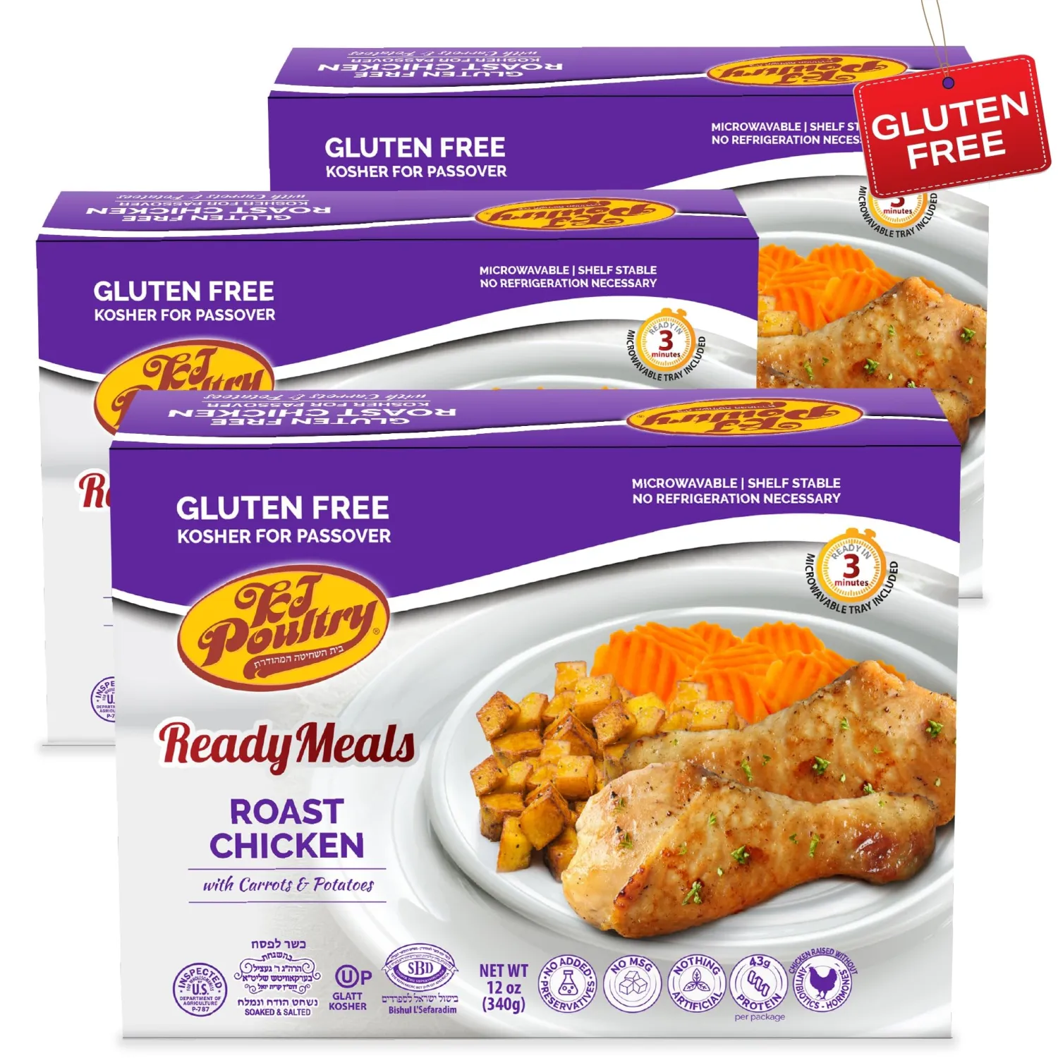 KJ Poultry Kosher for Passover Gluten Free Meals, Roast Chicken with Potato & Carrots, Halal, (3 Pack) Prepared Entree Fully Cooked, Shelf Stable Microwave Dinner, Travel Military Camping