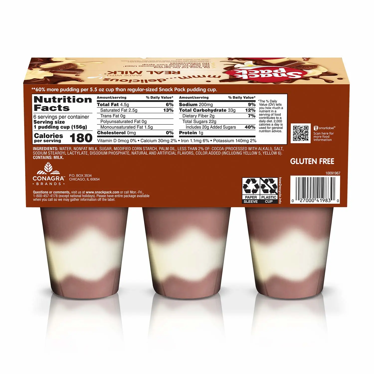 Snack Pack Pie Pudding Cups, Chocolate and Vanilla, 33 oz (6 ct)