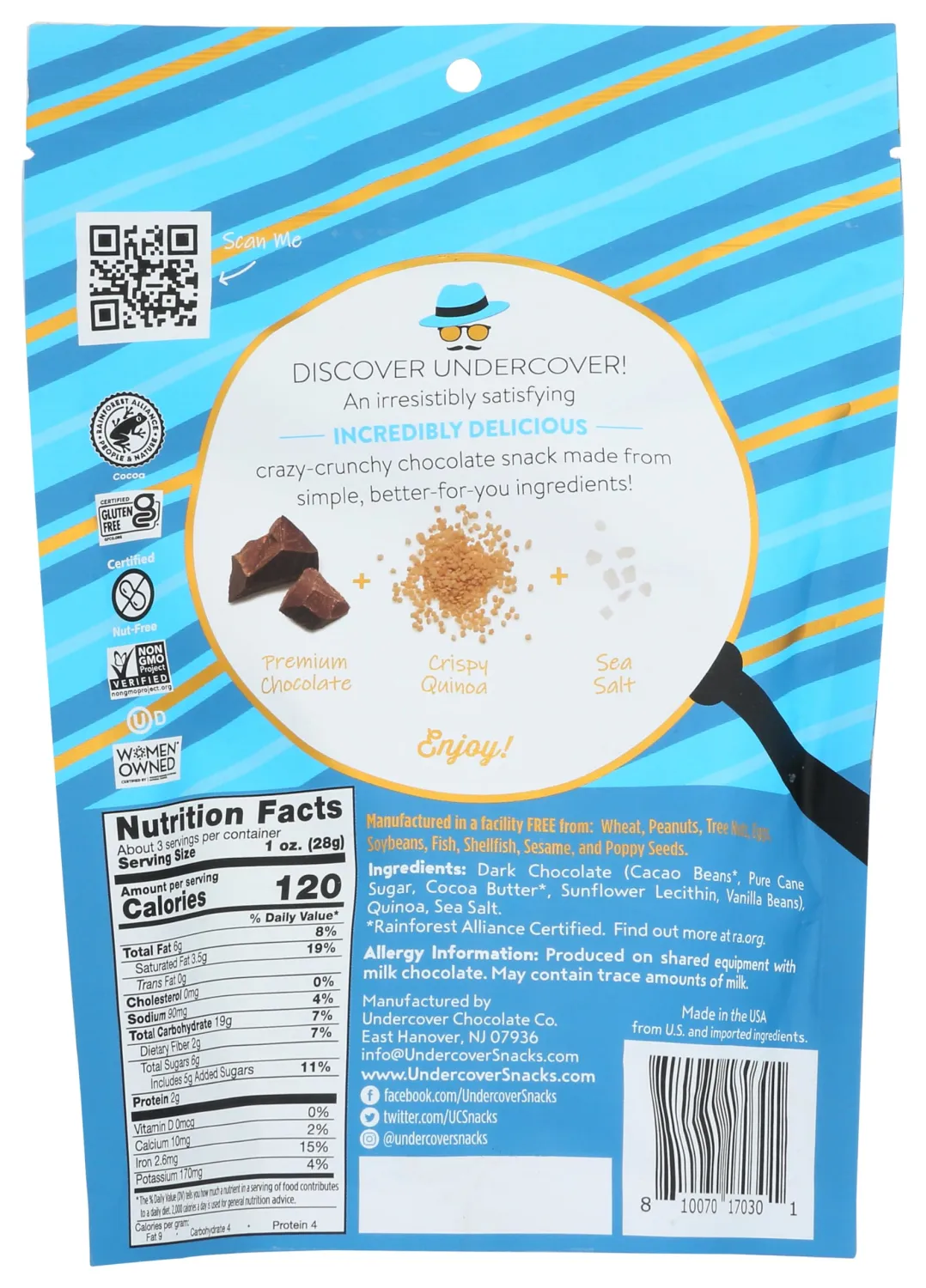 4465017-UNDERCOVER CHOCOLATE CO Dark Chocolate & Sea Salt Quinoa Crisps, 3 OZ (Pack of 12)
