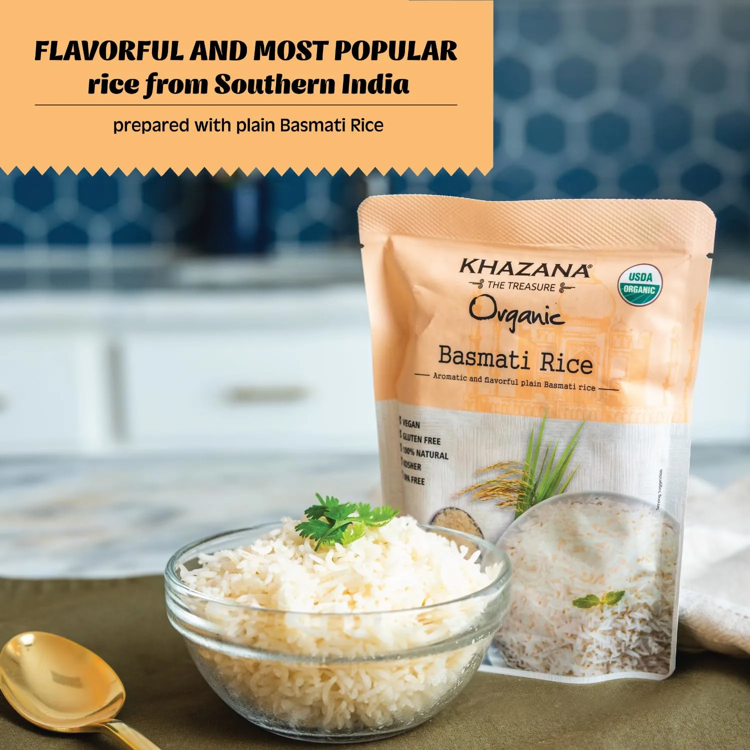 Khazana Organic Basmati Rice - Ready to Heat (1-Pack, 8.8oz) - Authentic, Aromatic & Flavorful Indian Grain - Non-GMO, Vegan, Gluten-Free, Kosher - Microwaveable Instant Rice in 90 Seconds
