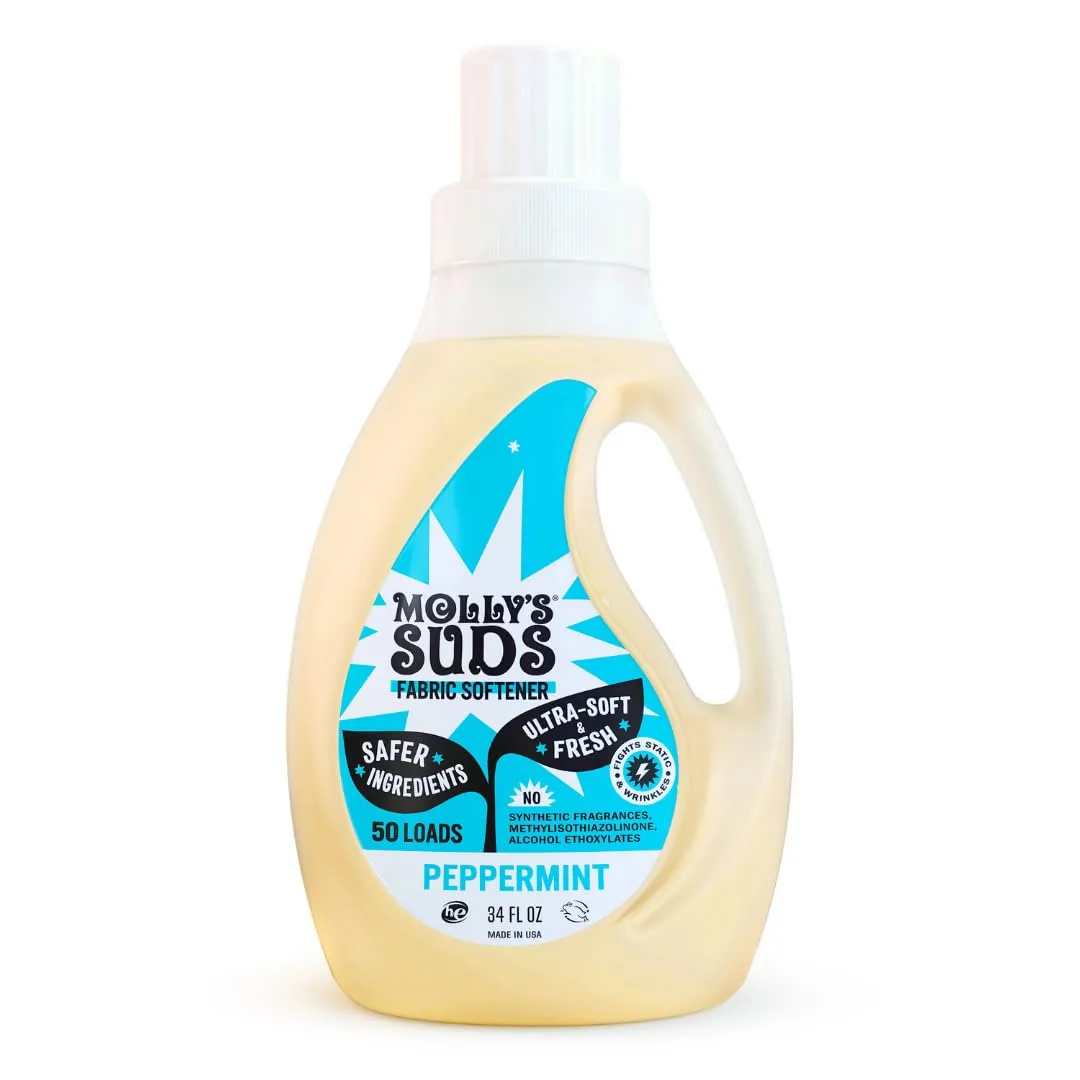 Molly’s Suds Fabric Softener Liquid for Sensitive Skin | Vinegar-Powered, Infused with Essential Oils | Fights Static, Reduces Wrinkles, Deodorizes | Peppermint, 50 Loads