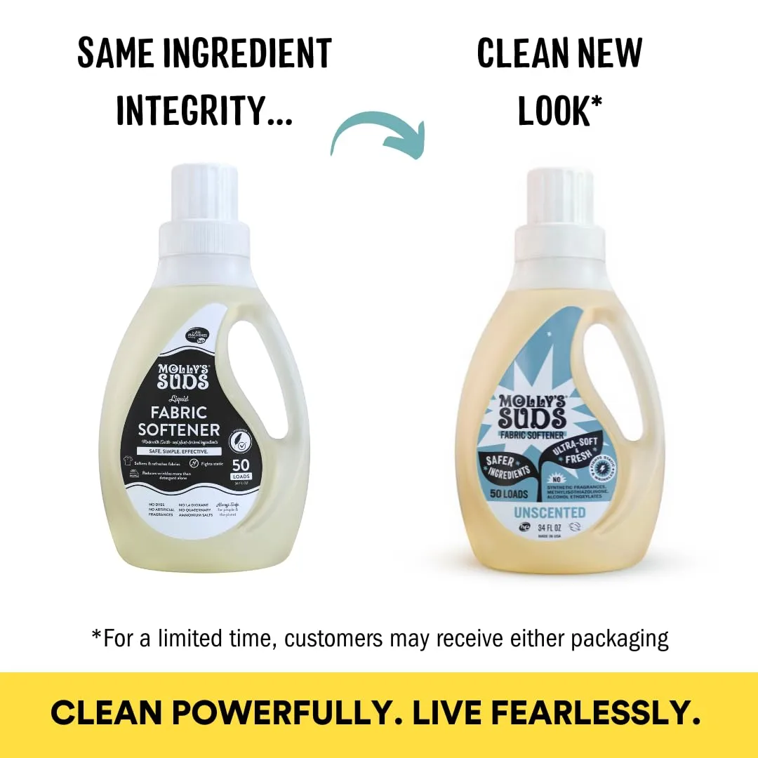 Molly’s Suds Fabric Softener Liquid for Sensitive Skin | Vinegar-Powered, Infused with Essential Oils | Fights Static, Reduces Wrinkles, Deodorizes | Unscented, 50 Loads
