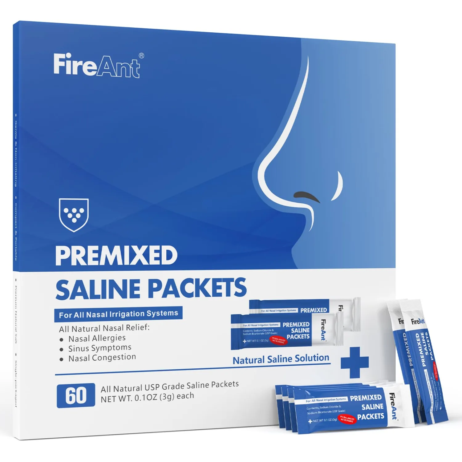 FireAnt Saline Packets Sinus Rinse, 60 Premixed Neti Pot Salt Packets for Nasal Rinse, All Natural, Pharmaceutical Grade, and PH Balanced - 60 Count