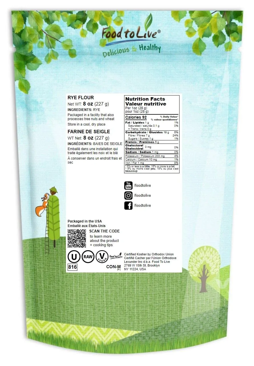 Food to Live Rye Flour, 8 Ounces – Stone Ground from Whole Grain Rye Berries, Kosher, Vegan, Bulk, Great for Bread Baking, Product of the USA