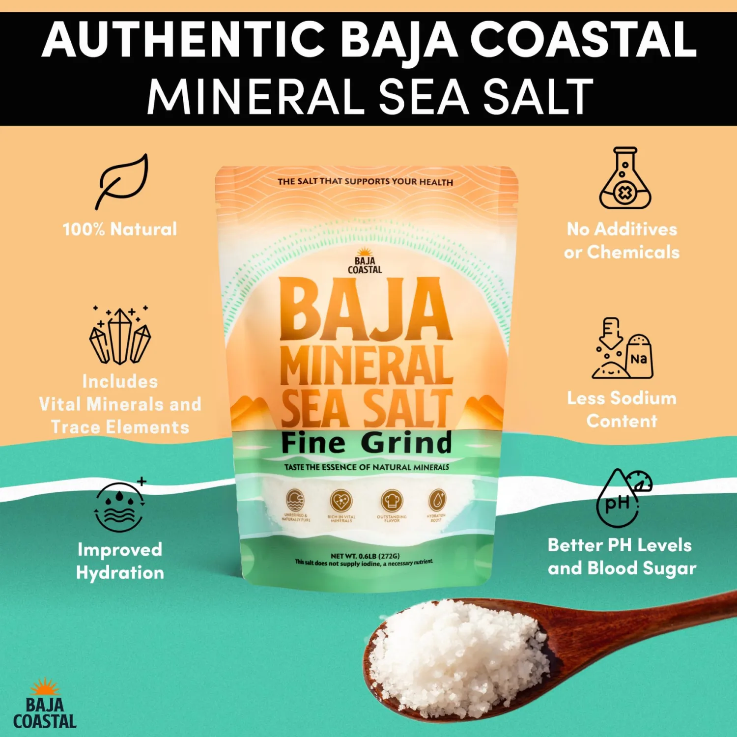 Baja Coastal - Baja Mineral Sea Salt, Fine Grind, 0.6lb - 9.6oz. 100% Organic & Unrefined, Rich in Essential Minerals, Low Sodium Salt, Perfect for Cooking, Plating, Hydration, and Grinding, Hand Harvested Crystals from the Sea of Cortez
