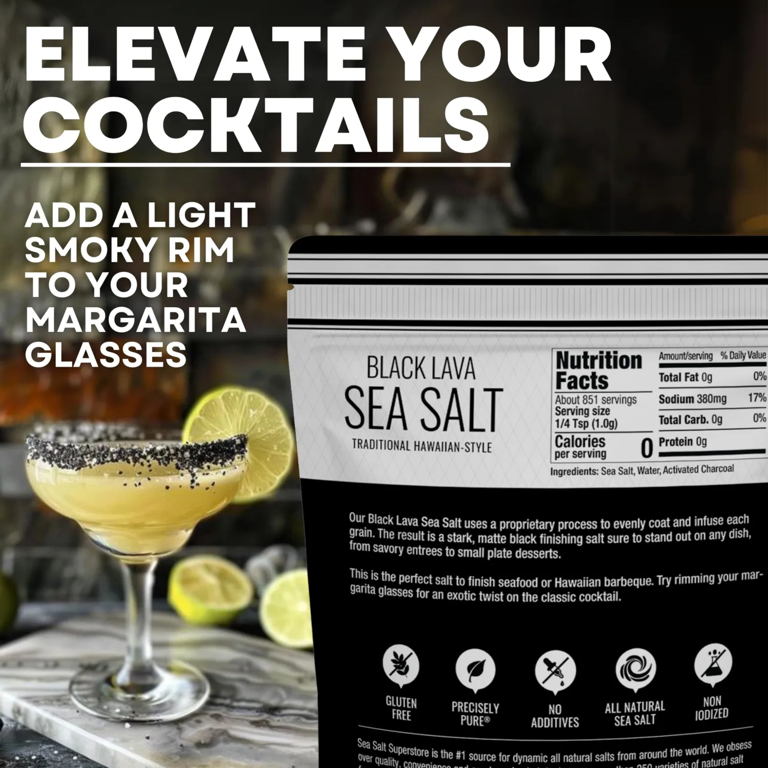 Hawaiian-Style Black Lava Sea Salt, Black Sea Salt with Activated Charcoal - for Cooking & Finishing, 14 oz Bag