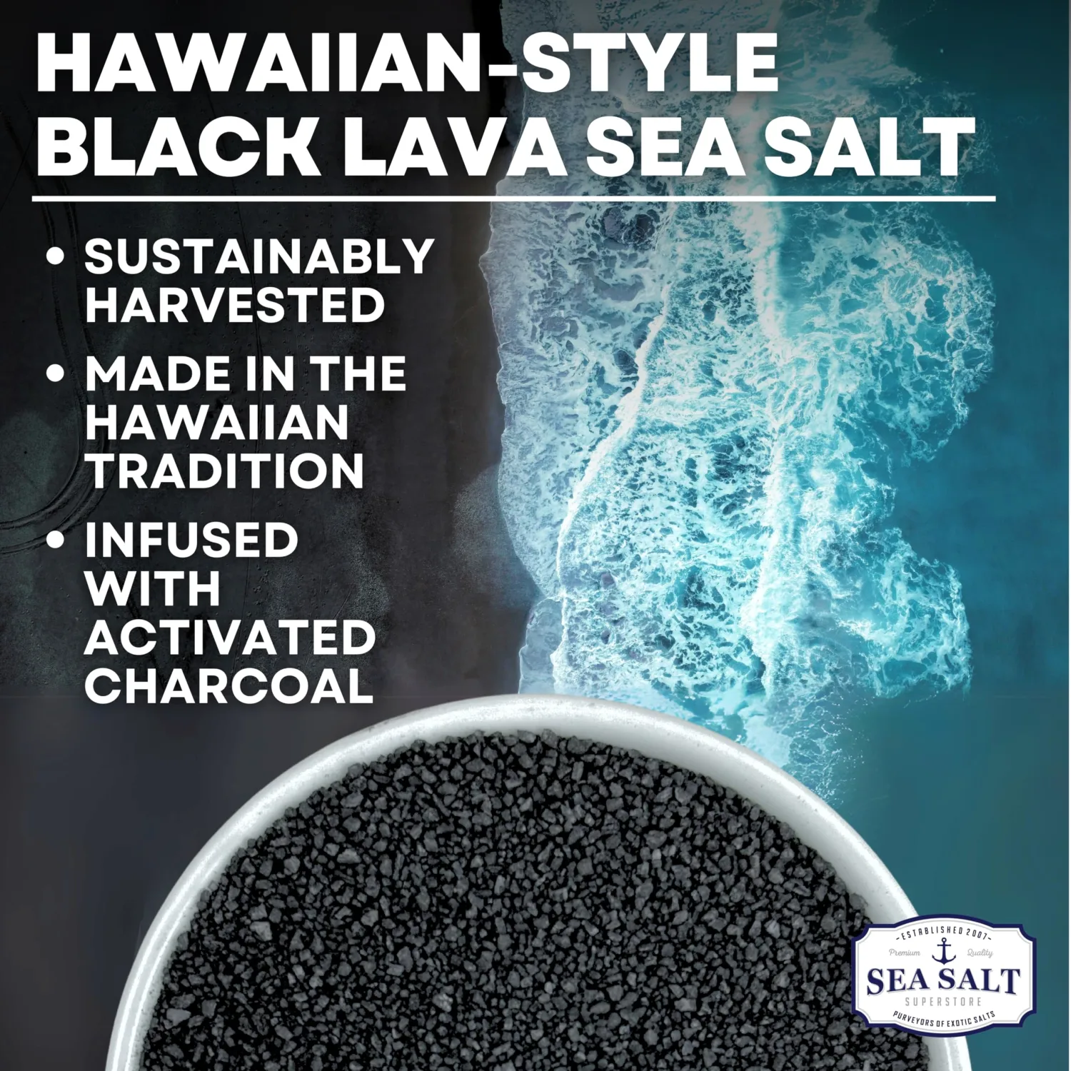 Hawaiian-Style Black Lava Sea Salt, Black Sea Salt with Activated Charcoal - for Cooking & Finishing, 14 oz Bag