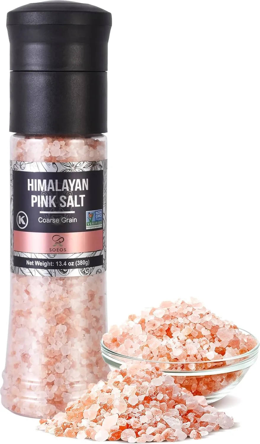 Soeos Salt Grinder Set, Himalayan Pink Salt, Coarse Grain, Salt for Grinder Refill, 13.4 Oz (380g), Refillable Plastic Bottle Combo Shakers With Adjustable Coarse Mills, Rock Salt, Kosher Salt Set (Pack of 1)