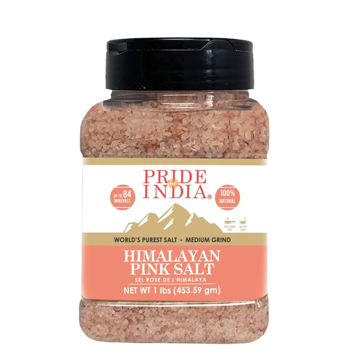 Pride Of India - Dark Himalayan Pink Salt - Enriched w/ 84+ Natural Minerals, Medium Grind 2-3mm - 1 Pound (16 oz) Dual Sifting Jar - Great for Grinders & Direct Use - Best for Kitchens & Restaurants