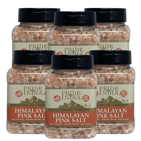 Pride Of India - PACK of 6 - Dark Himalayan Pink Salt Crystals w/ 84+ Natural Minerals, Coarse 4-5mm - 1 Pound (16 oz) Dual Sifter Jar - Use in Cooking and in Grinders - Superb Value-Authentic Flavor