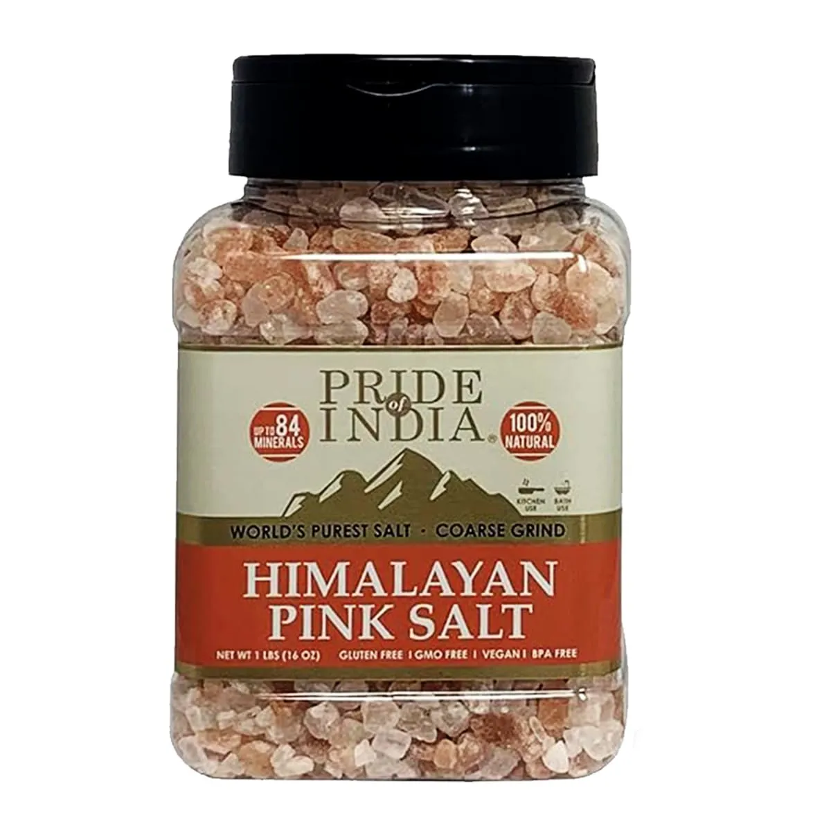 Pride Of India - Dark Himalayan Pink Salt Crystals w/ 84+ Natural Minerals, Coarse 4-5mm - 1 Pound (16 oz) Dual Sifter Jar - Use in Cooking and in Grinders - Superb Value - Authentic Strong Flavor