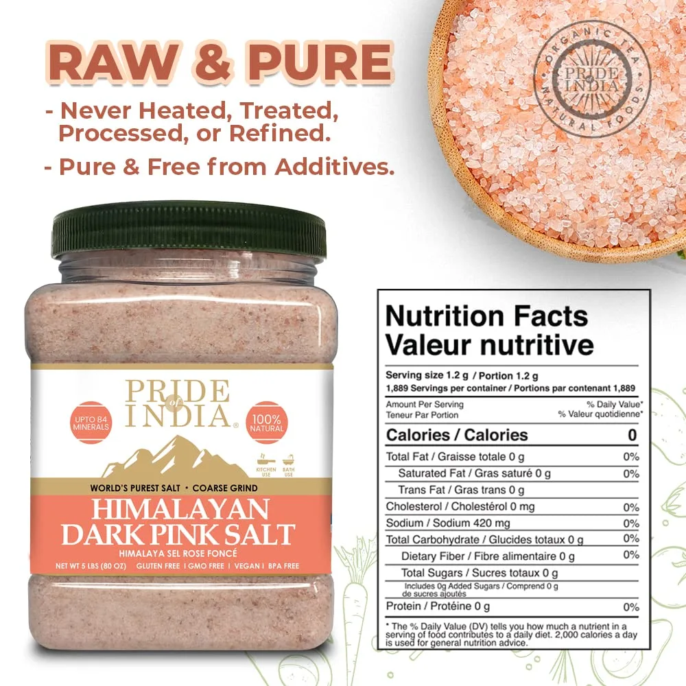 Pride Of India - Himalayan Rock Salt - 84+ Natural Mineral Enriched (Pure Himalayan Pink Salt, Coarse Grind 5 Pound Jar)