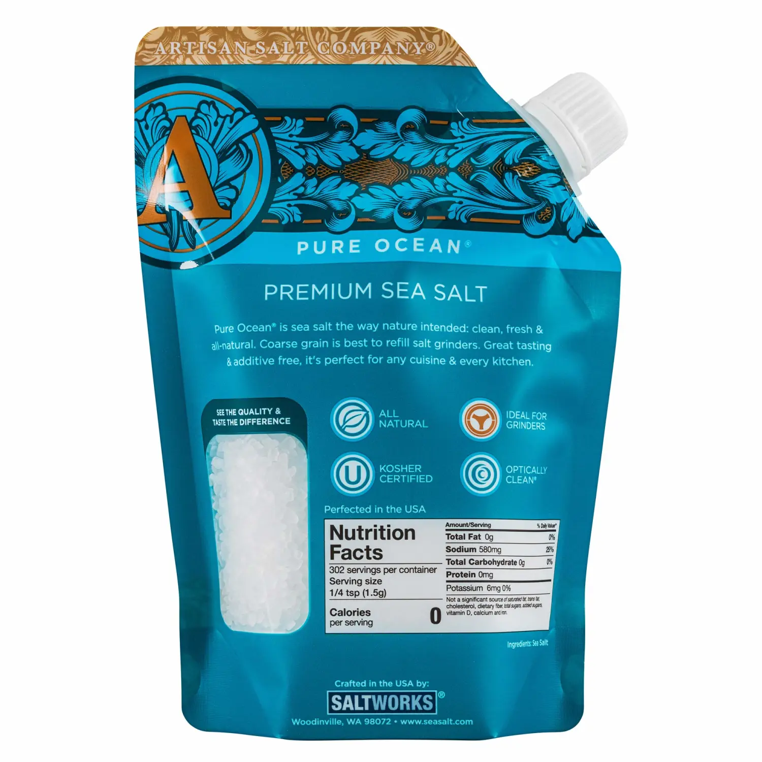 SaltWorks Premium Sea Salt, Coarse, Artisan Pour Spout Pouch, Pure Ocean, 16 Ounce