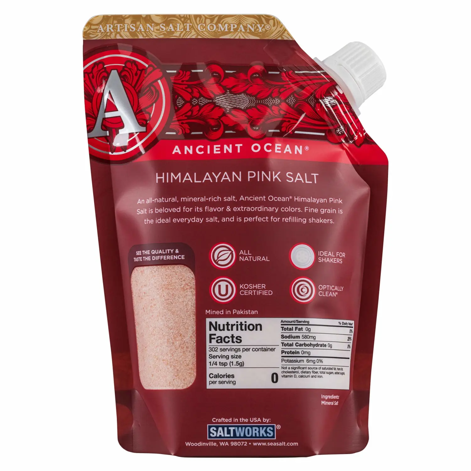 SALTWORKS Artisan Salt Company Ancient Ocean Himalayan Pink Salt, Fine Grain, Pour Spout Pouch, 16 Ounce