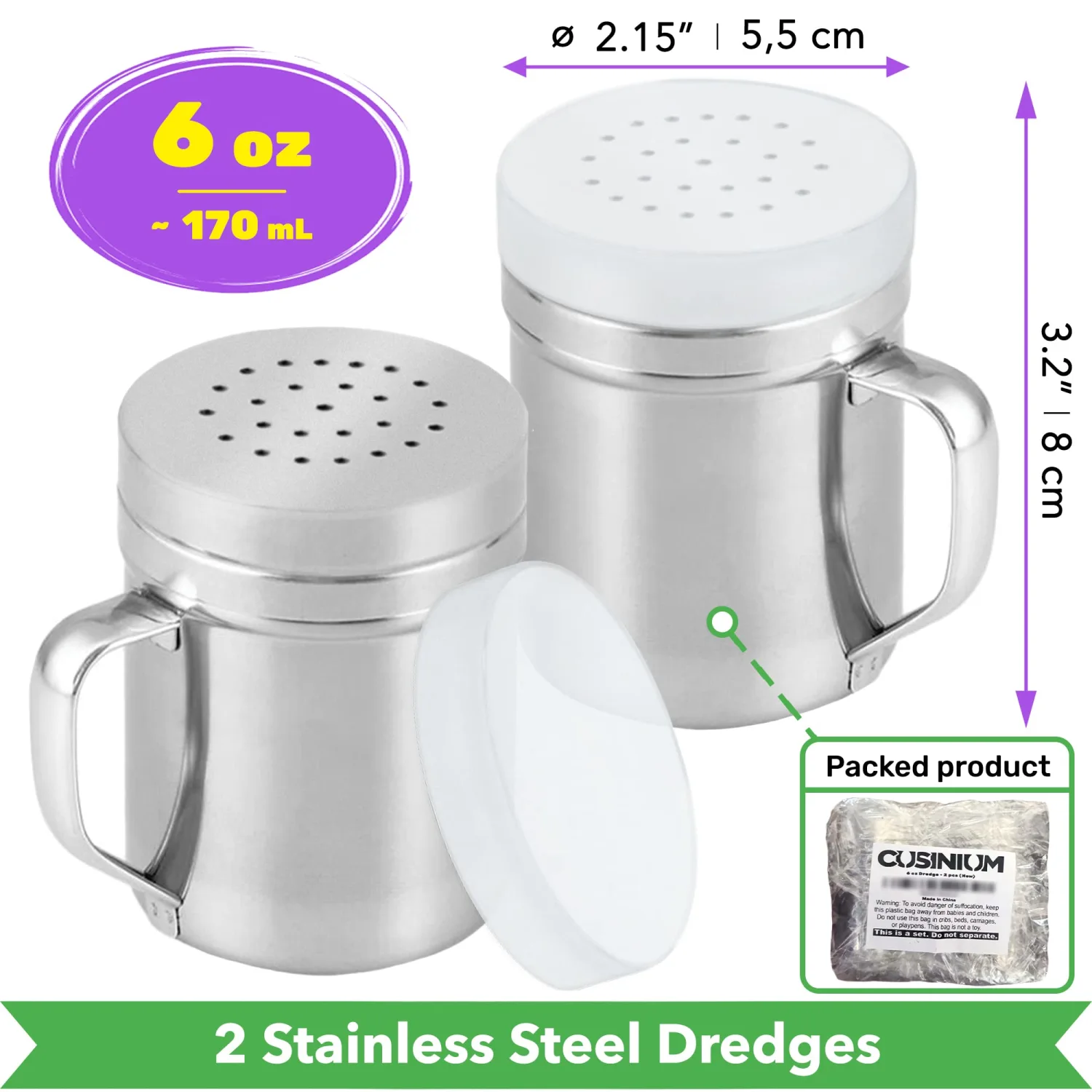 CUSINIUM Metal Salt Pepper Cooking Dredge Shakers - With Handle - Seasonings Spice Shakers With Holes and Lids - 6 Ounce, 2pcs | Style: Medium