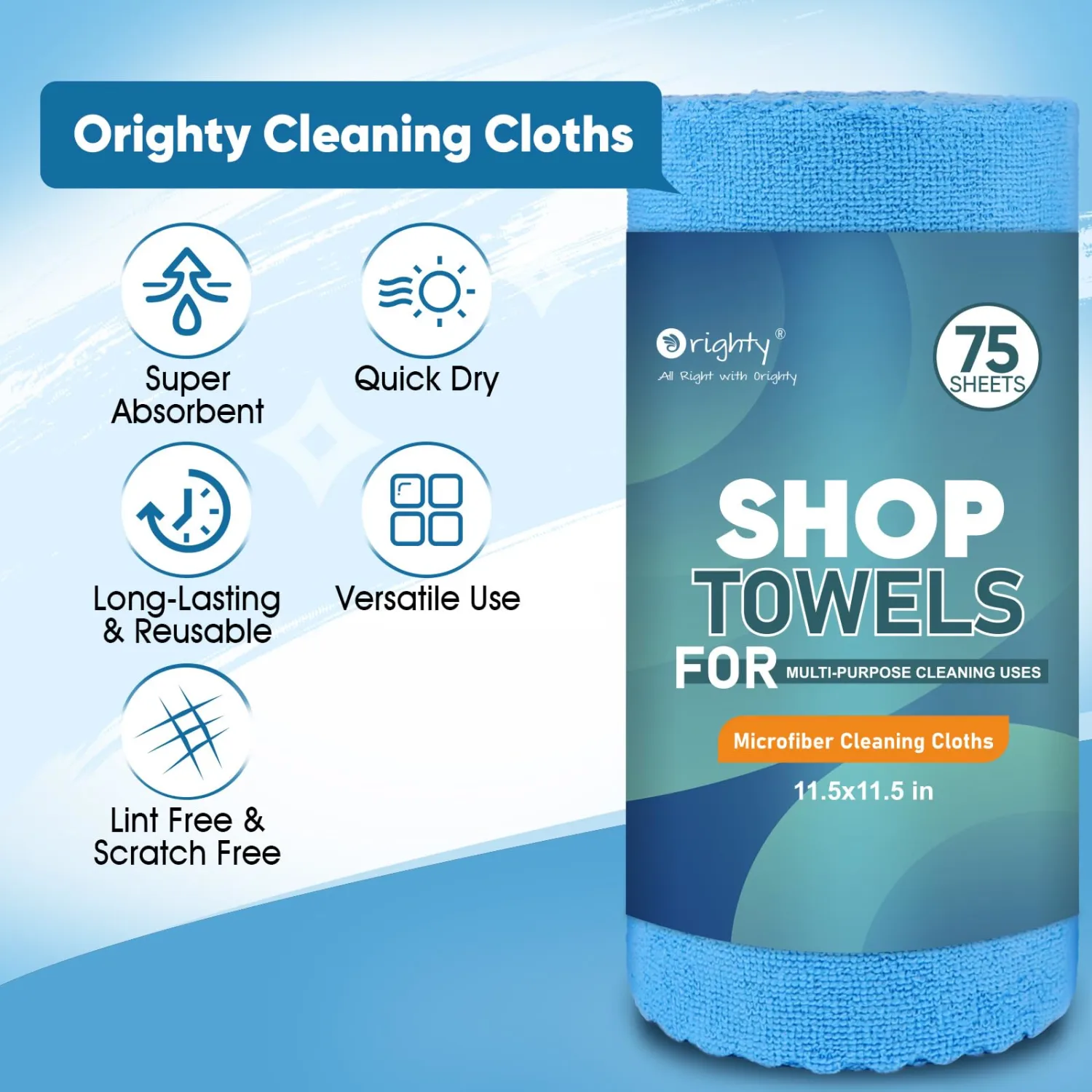 Orighty Microfiber Cleaning Cloths, 75 Sheets Shop Towels, Reusable Paper Towels Shop Rags, Washable Microfiber Towel Roll Cleaning Rags for Cars, House, Kitchen, 11.5’’ x 11.5’’, Blue
