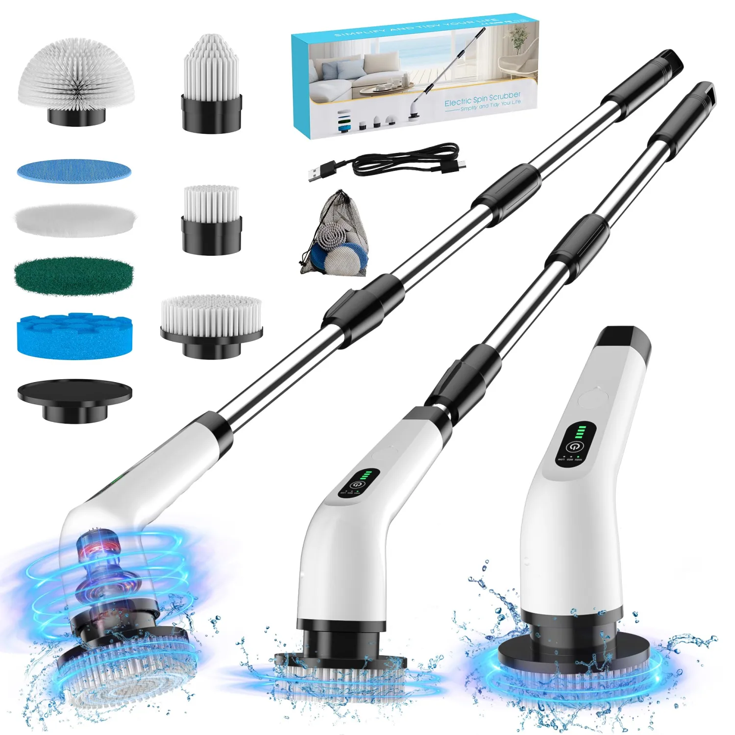 Electric Spin Scrubber - 120Min Cordless Shower Bathroom Cleaner with 8 Brush Heads | 440 RPM Power Scrubber (3-Speed) & Adjustable Extension Handle for Cleaning Bathtub, Tile, Grout
