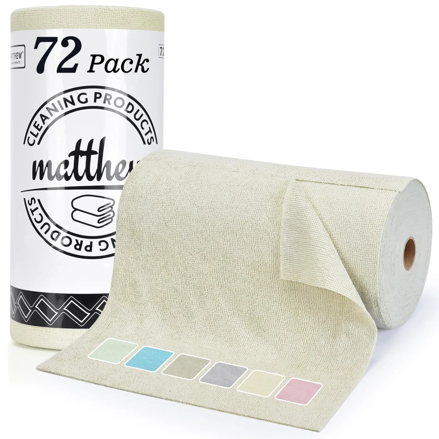 Matthew Microfiber Cleaning Cloth Roll 72Pack (12" x 12") Reusable Paper Towels&Washable Tear Away Towels,Ultra Water Absorbent Lint&Streak Free Cleaning Rags for Glass,Dishwash,Bathroom,Cars-Beige
