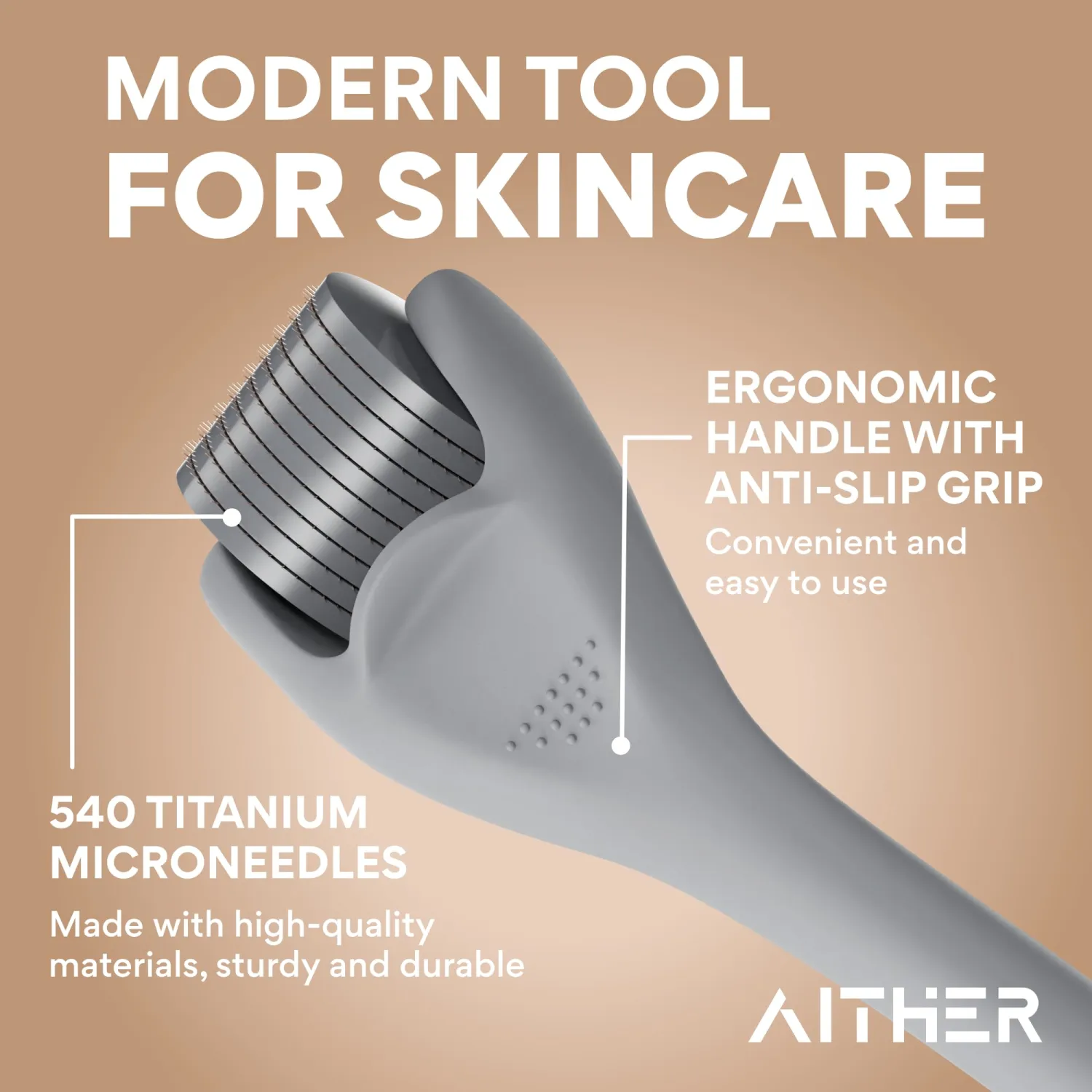 AITHER Derma Roller 0.25mm, Microneedle Roller for Face, Scalp & Beard - Derma Roller, Titanium Microneedling Scalp Roller | Safe for Beginners | For Both Women & Men - 1 Count, Ivory