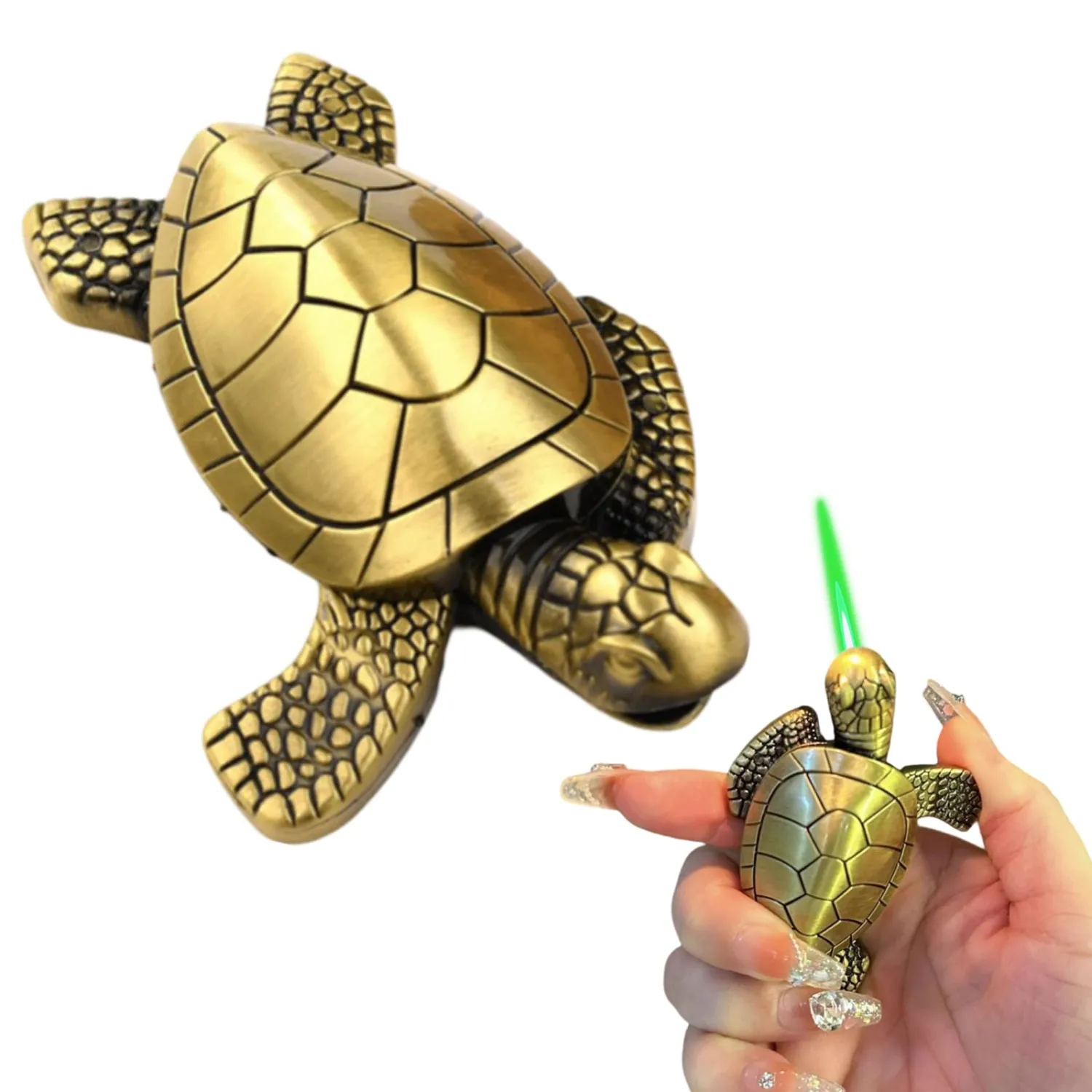 Torch Lighter, Creative Desktop Turtle Lighters, Cool Portable Windproof Adjustable Jet Green Flame Lighters, Refillable Butane for Mens Friends Gift-s (Without Butane)-Bronze Gold