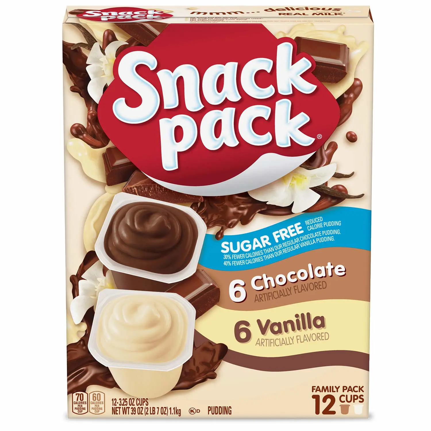 Snack Pack Sugar Free Chocolate and Vanilla Flavored Pudding Family Pack, 12 Count Pudding Cups