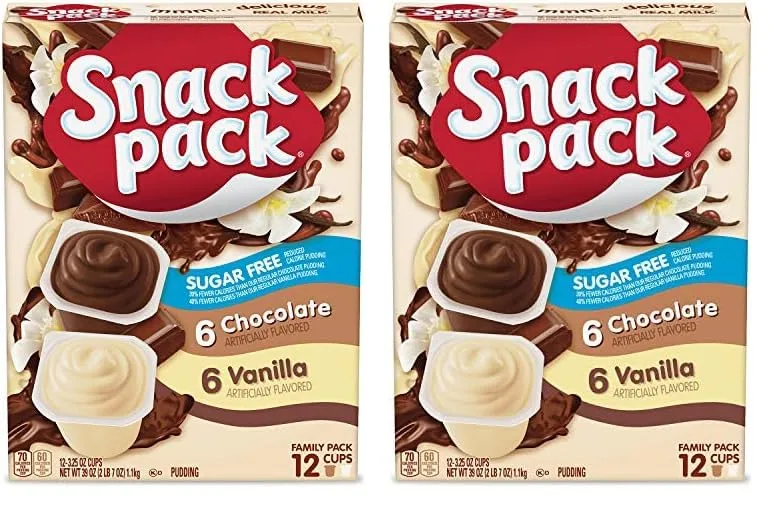 Snack Pack Sugar Free Chocolate and Vanilla Flavored Pudding Family Pack, 12 Count Pudding Cups (Pack of 2)