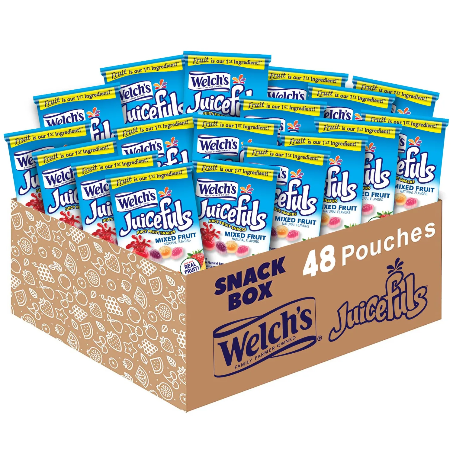 Welch's Juicefuls Juicy Fruit Snacks, Mixed Fruit, Fruit Gushers, Perfect for School Lunches, Bulk Pack, Individual Single Serve Bags, 1 oz (Pack of 48)