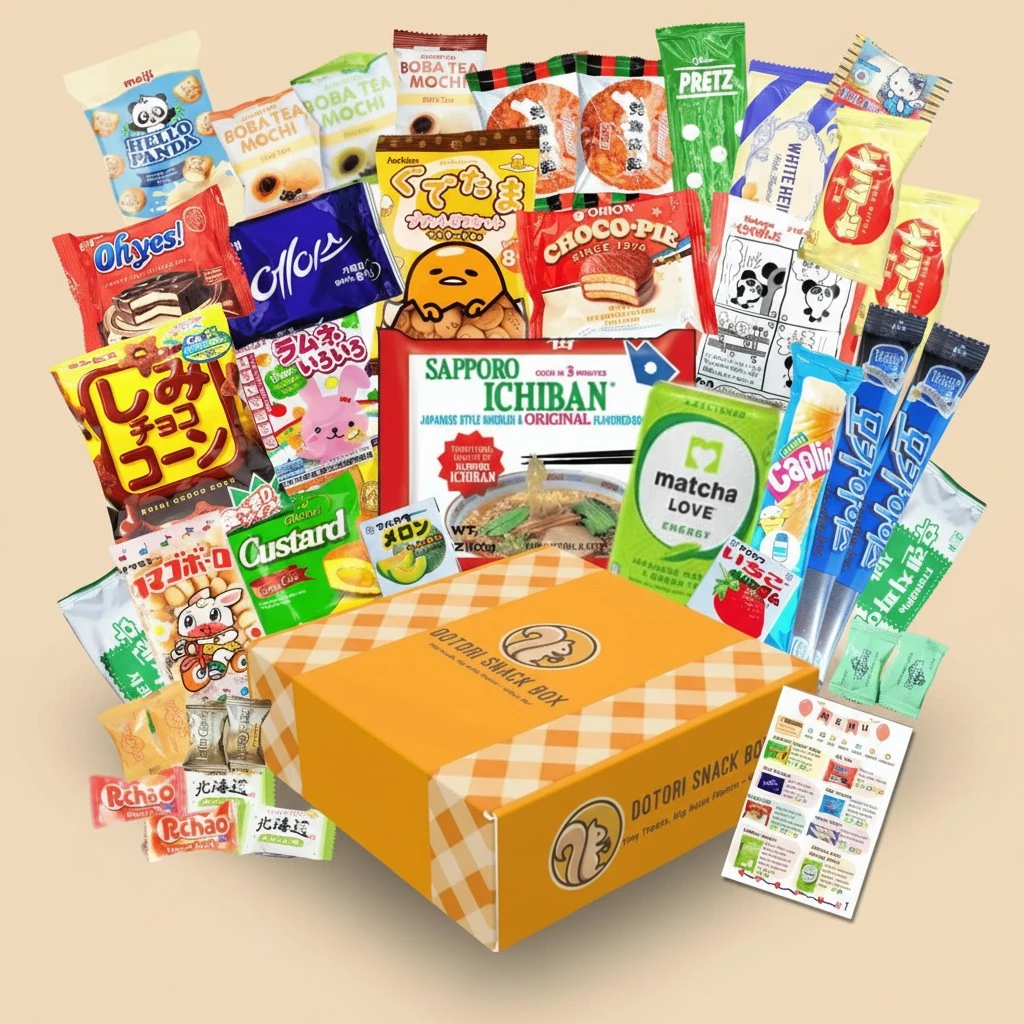 DOTORI SNACK BOX Korean Snacks Japanese Snack Box (40 counts) Asian Candy Sweet Savory Exotic Snacks Mystery Box, Care Package Bundle - Gift for Friends, Family, Loved Ones, Coworkers, Colleagues