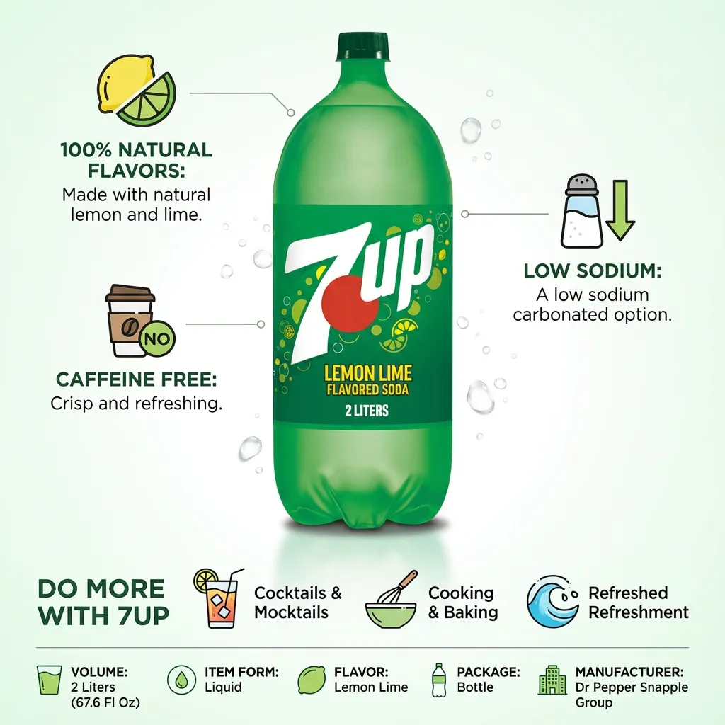 7UP Lemon Lime Soda, Naturally Flavored and Caffeine Free, 2 Liter Bottle