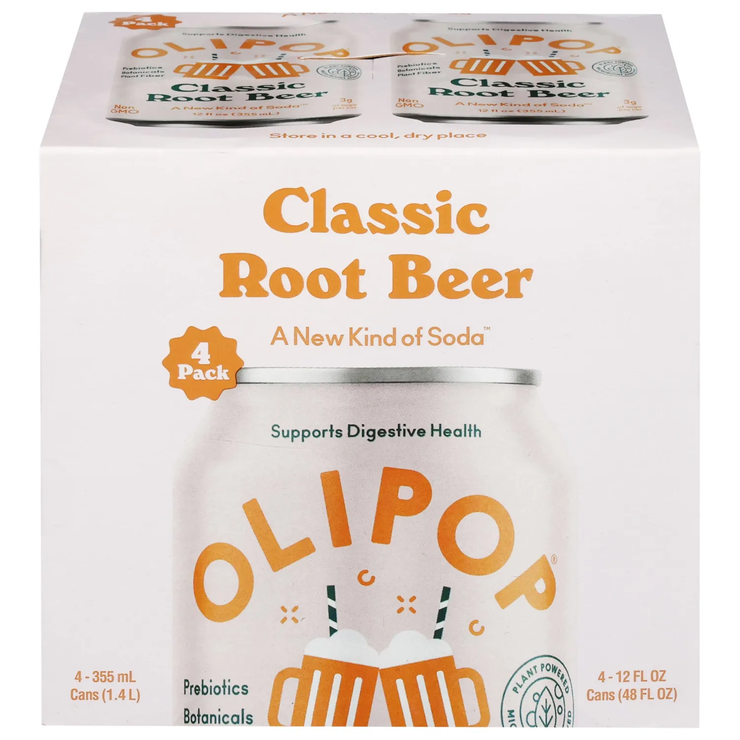 OLIPOP Prebiotic Soda Pop, Classic Root Beer, Prebiotics, Botanicals, Plant Fiber, 12 fl oz (4 Cans)
