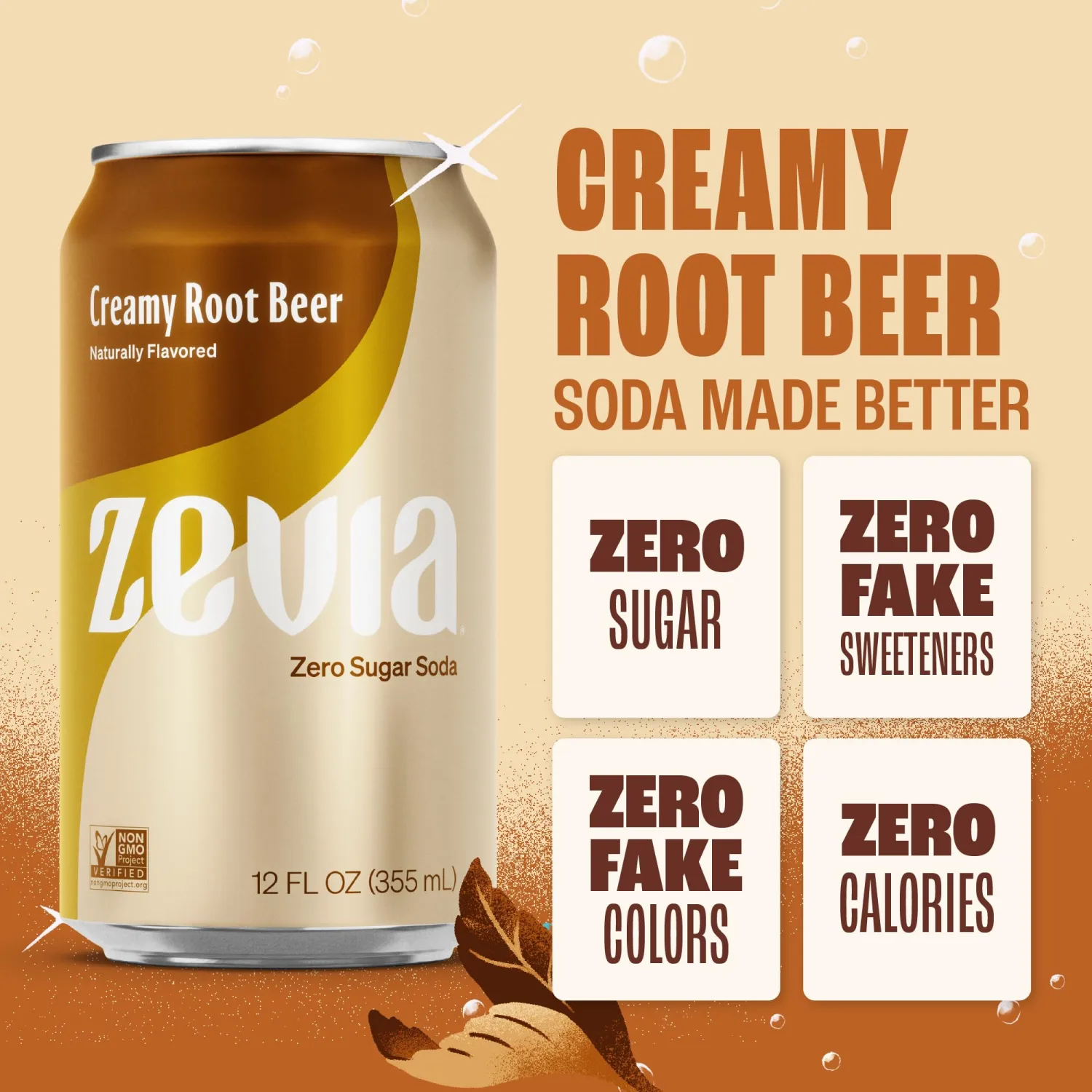 Zevia Zero Sugar Soda, Creamy Root Beer, 12 oz Cans (8-Pack) – Naturally Sweetened, Non-GMO Project Verified, Gluten-Free, Vegan