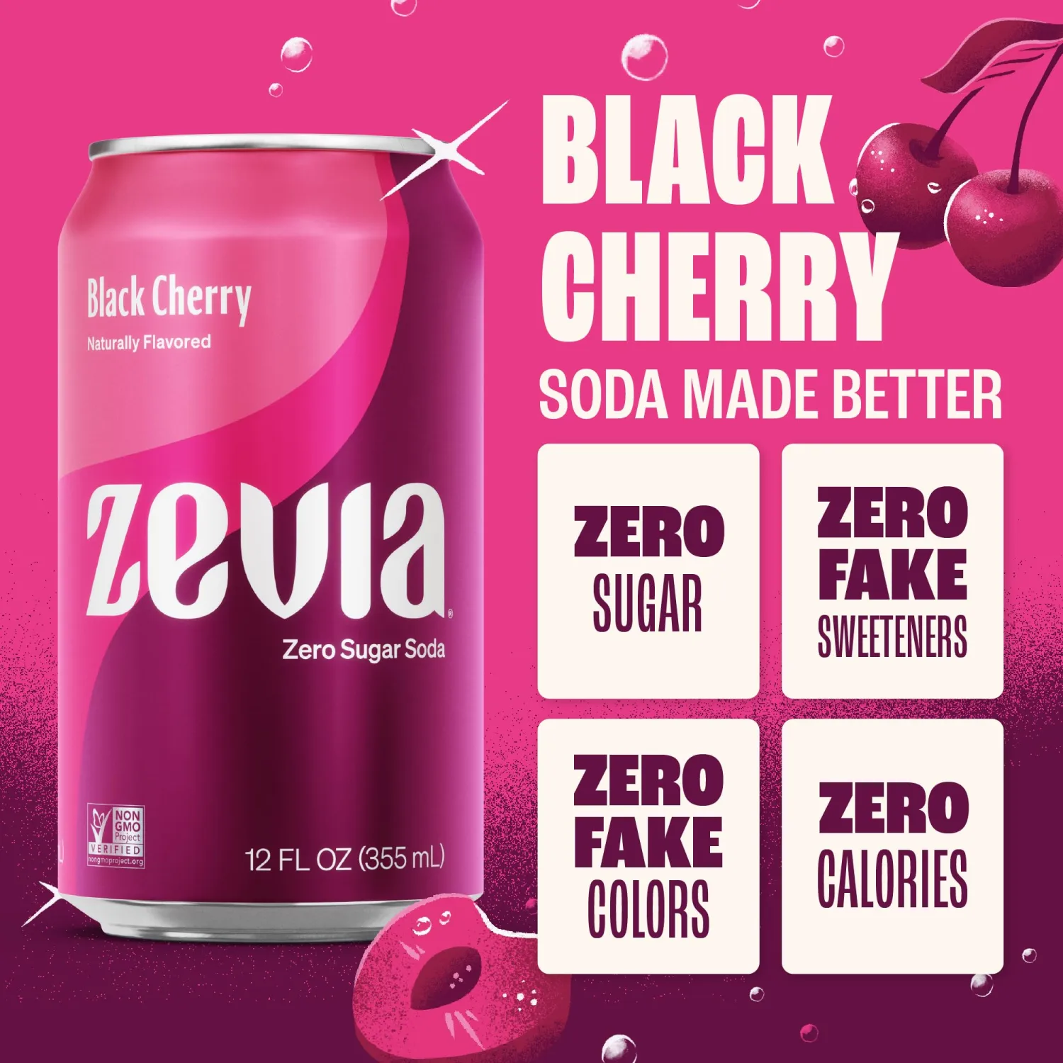 Zevia Zero Sugar Soda, Black Cherry, 12 oz Cans (8-Pack) – Naturally Sweetened, Non-GMO Project Verified, Gluten-Free, Vegan