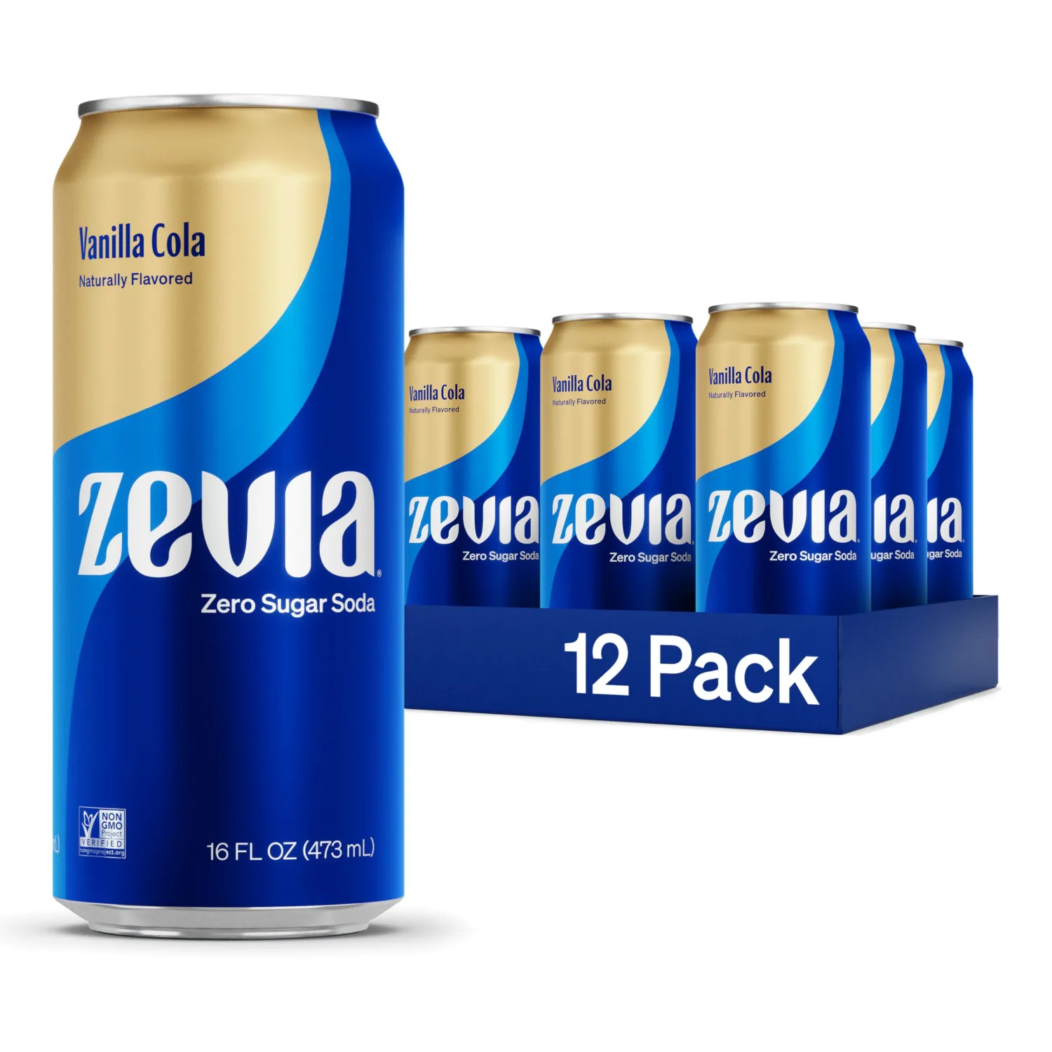 Zevia Zero Sugar Soda, Vanilla Cola, 16 oz Cans (12-Pack) – Naturally Sweetened, Non-GMO Project Verified, Gluten-Free, Vegan
