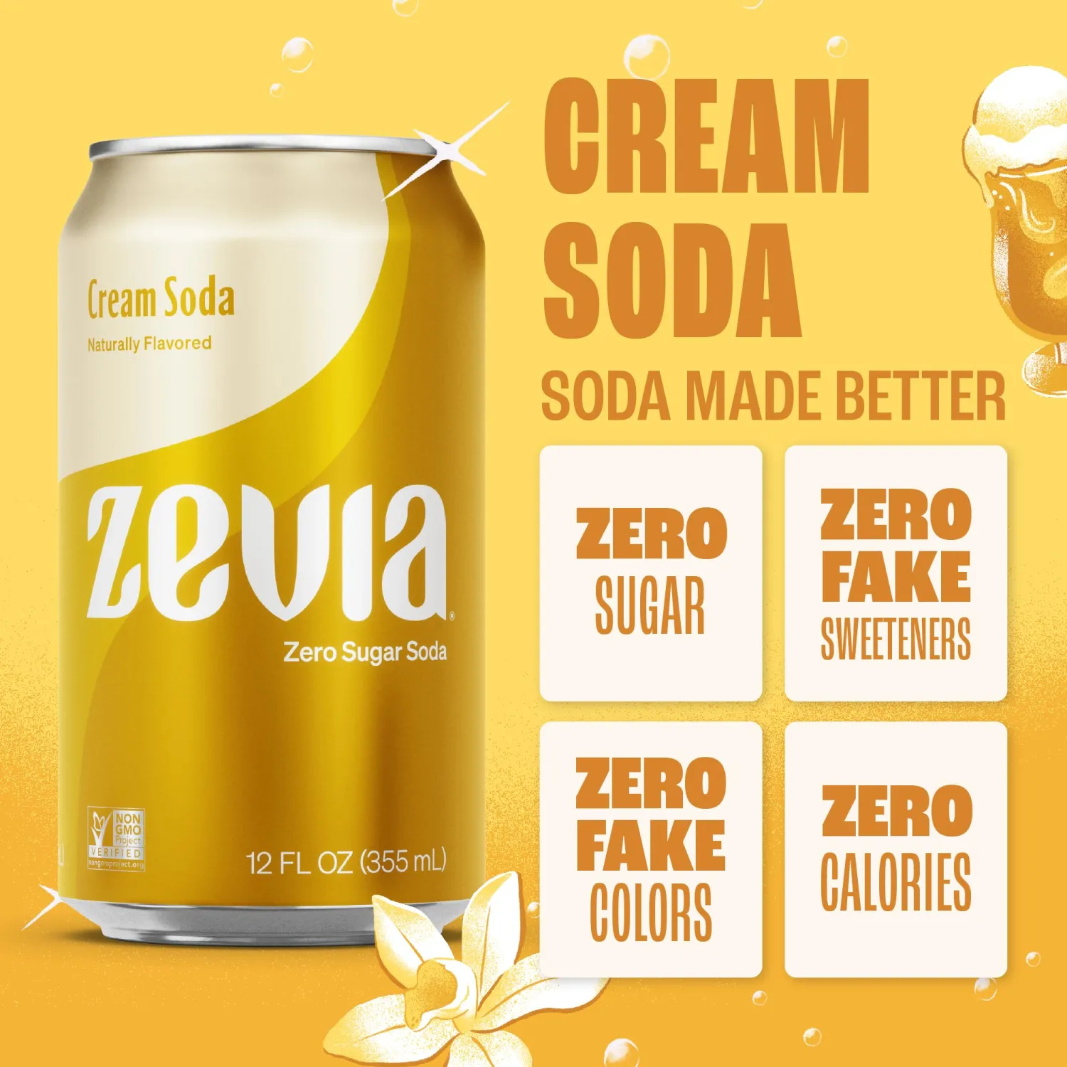 Zevia Zero Sugar Soda, Cream Soda, 12 oz Cans (8-Pack) – Naturally Sweetened, Non-GMO Project Verified, Gluten-Free, Vegan
