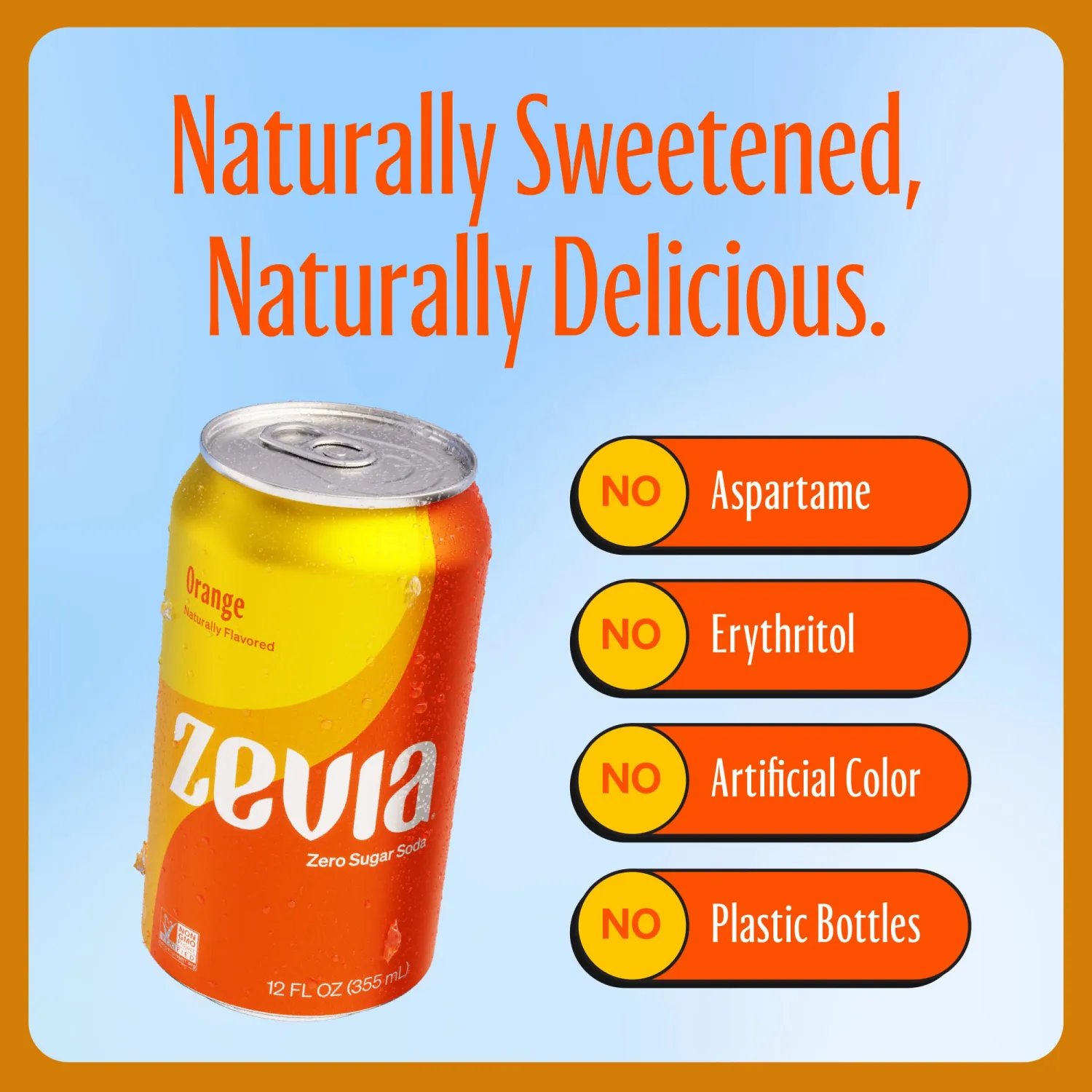 Zevia Zero Sugar Soda, Orange, 12 oz Cans (8-Pack) – Naturally Sweetened, Non-GMO Project Verified, Gluten-Free, Vegan