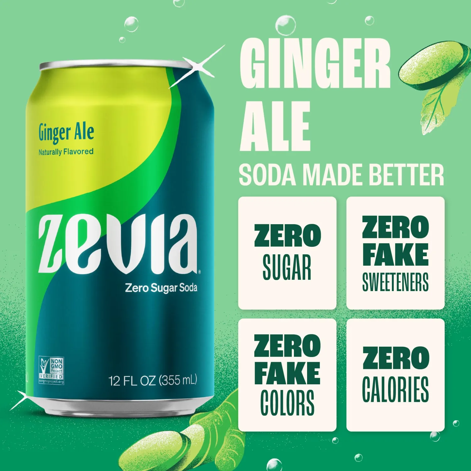 Zevia Zero Sugar Soda, Ginger Ale, 12 oz Cans (8-Pack) – Naturally Sweetened, Non-GMO Project Verified, Gluten-Free, Vegan