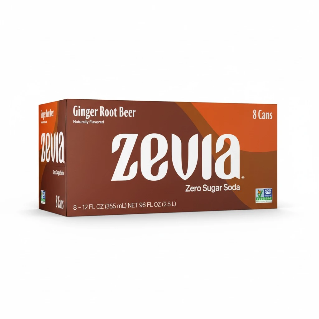 Zevia Zero Sugar Soda, Ginger Root Beer, 12 oz Cans (8-Pack) – Naturally Sweetened, Non-GMO Project Verified, Gluten-Free, Vegan