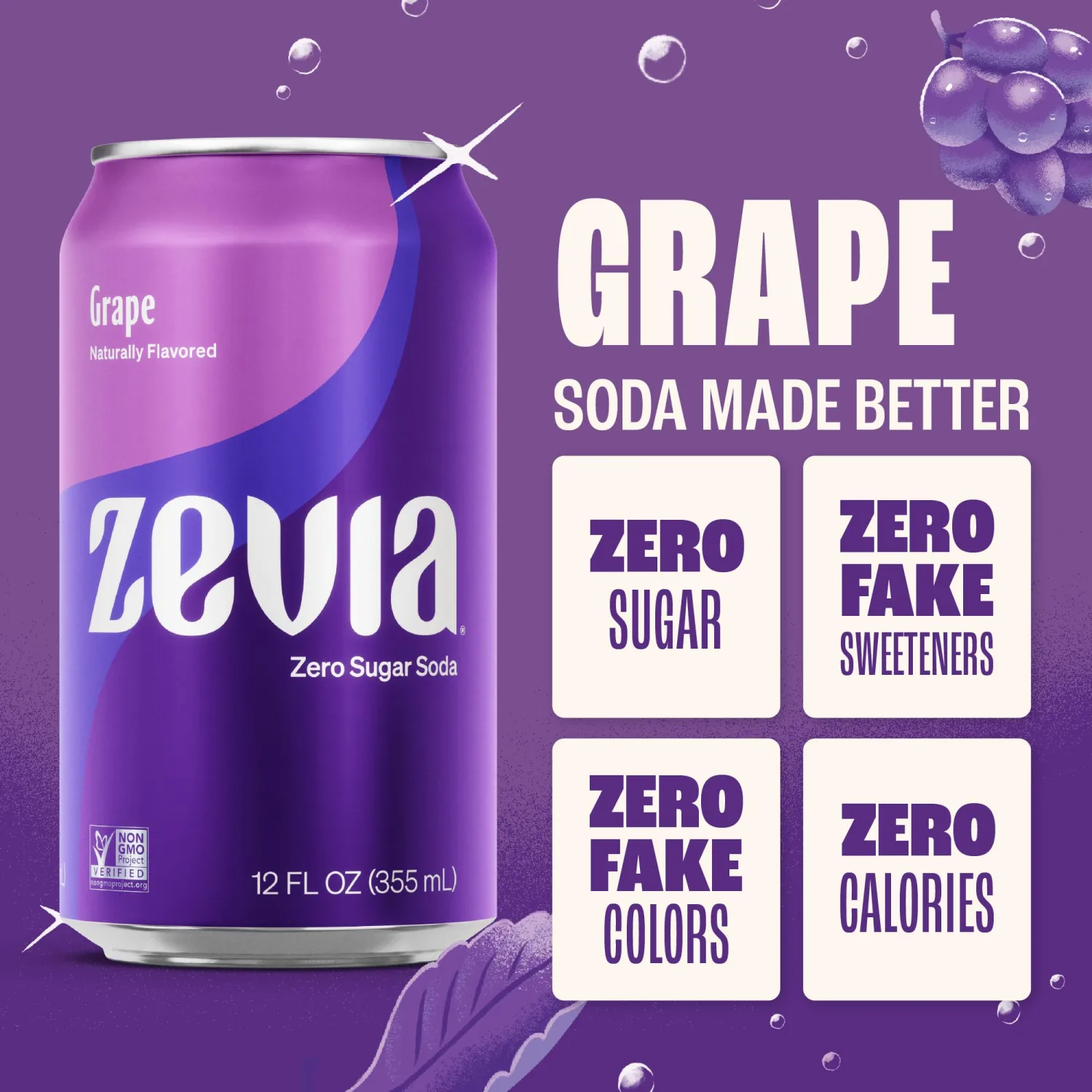 Zevia Zero Sugar Soda, Grape, 12 oz Cans (8-Pack) – Naturally Sweetened, Non-GMO Project Verified, Gluten-Free, Vegan