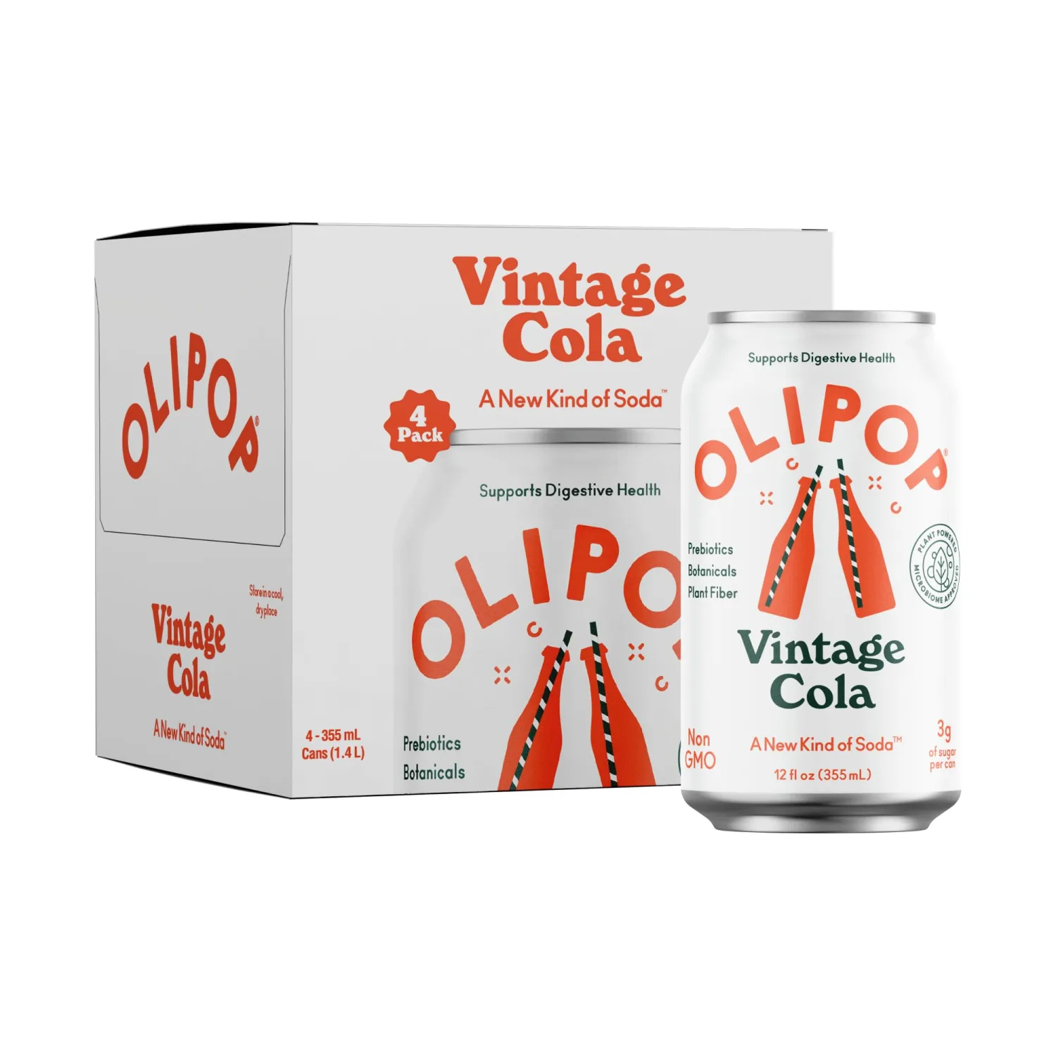 OLIPOP Prebiotic Soda Pop, Vintage Cola, Prebiotics, Botanicals, Plant Fiber, 12 fl oz (4 Cans)
