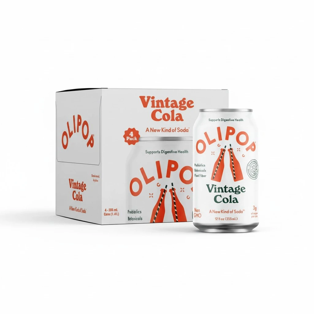 OLIPOP Prebiotic Soda Pop, Vintage Cola, Prebiotics, Botanicals, Plant Fiber, 12 fl oz (4 Cans)