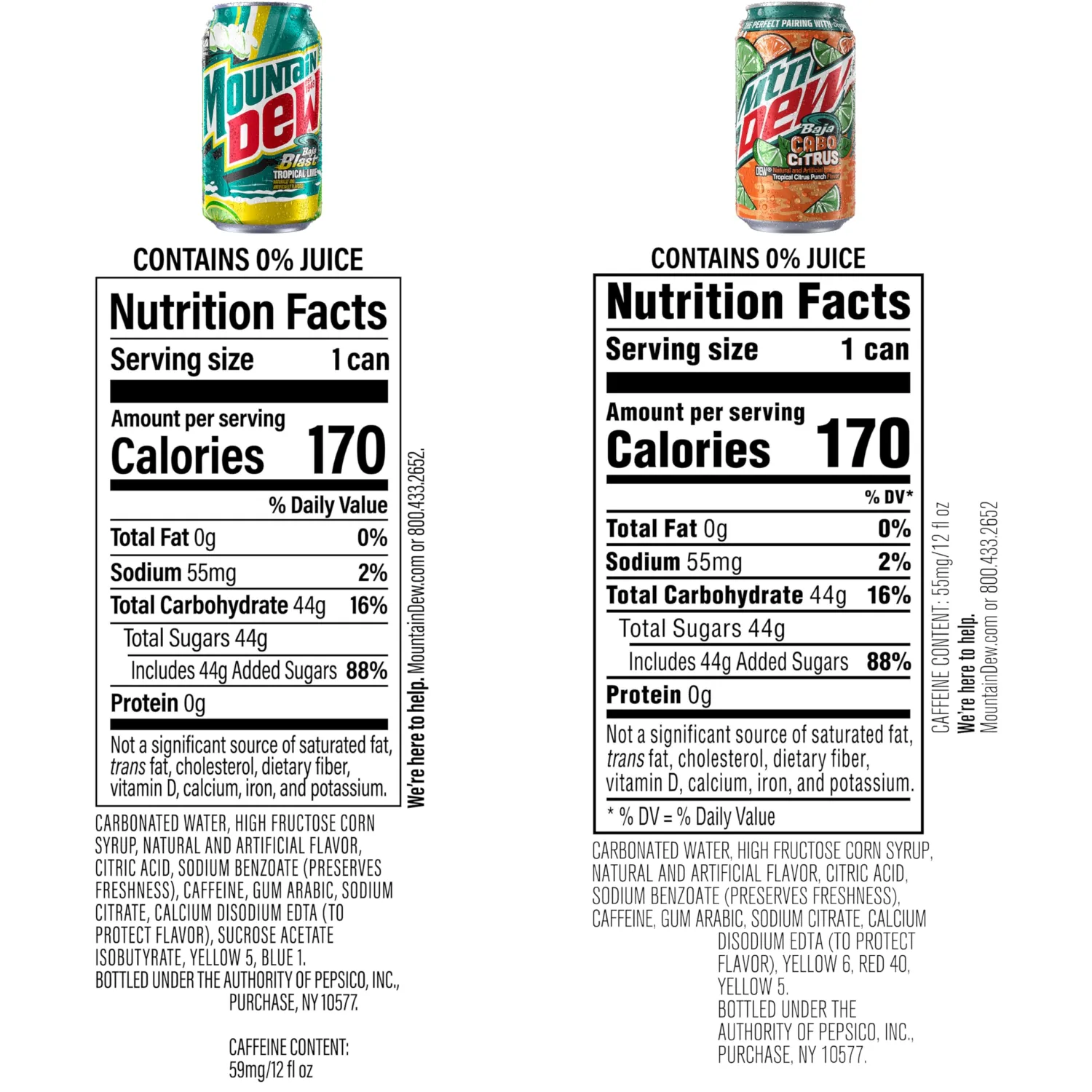 Mountain Dew, 2 Flavor Baja Variety Pack (Baja Cabo Citrus, Baja Blast), 12 Fl Oz Cans (Pack of 18)