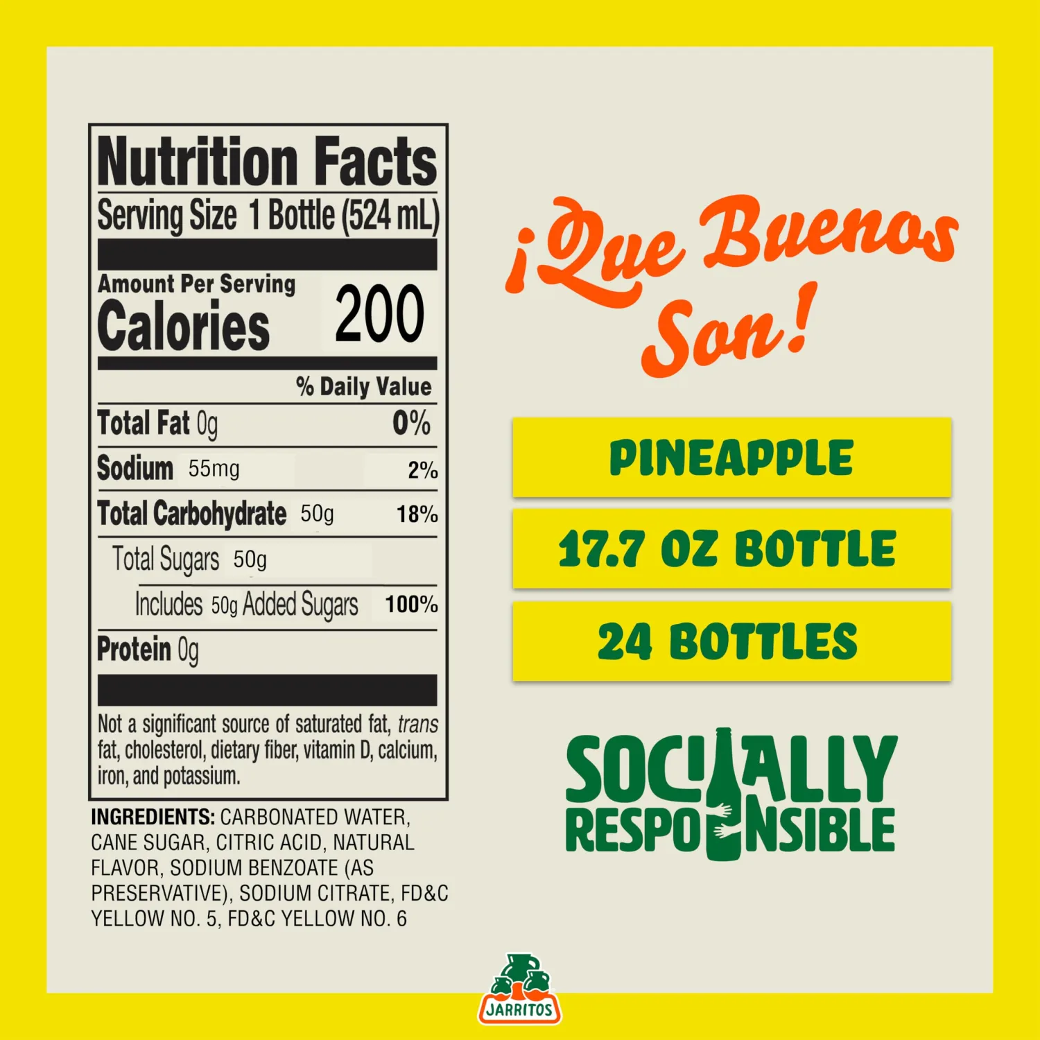 Jarritos Pineapple Soda, 24 Pack of 17.7 oz Bottles (524ml), Authentic Mexican Soft Drink, Tropical Pineapple Flavor