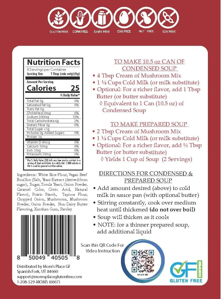Mom’s Place Gluten-Free & Dairy Free Cream of Mushroom Soup Mix, Equal to 2 Cans of Condensed Soup, Vegan, Nut Free & Soy Free, 2.4 oz