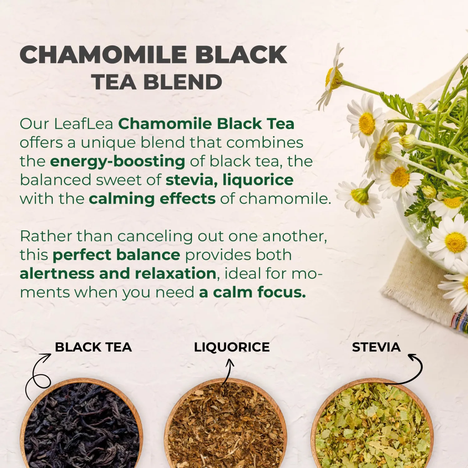 LeafLea Black Tea with Chamomile, Camomile Tea Bags, Natural Chamomile Flowers For Relaxation, Strong & Distinctive Black Tea, Manzanilla Tea, No Sugar, Gluten-Free, Vegan | Box Of 40 Tea Bags