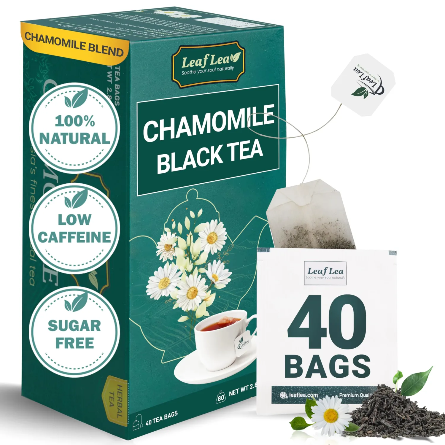 LeafLea Black Tea with Chamomile, Camomile Tea Bags, Natural Chamomile Flowers For Relaxation, Strong & Distinctive Black Tea, Manzanilla Tea, No Sugar, Gluten-Free, Vegan | Box Of 40 Tea Bags