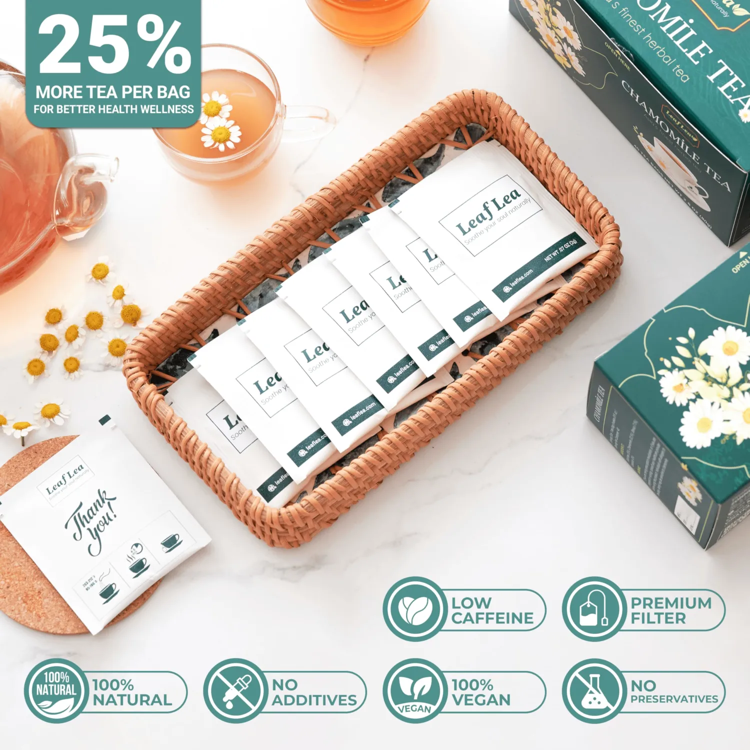 LeafLea Black Tea with Chamomile, Camomile Tea Bags, Natural Chamomile Flowers For Relaxation, Strong & Distinctive Black Tea, Manzanilla Tea, No Sugar, Gluten-Free, Vegan | Box Of 40 Tea Bags