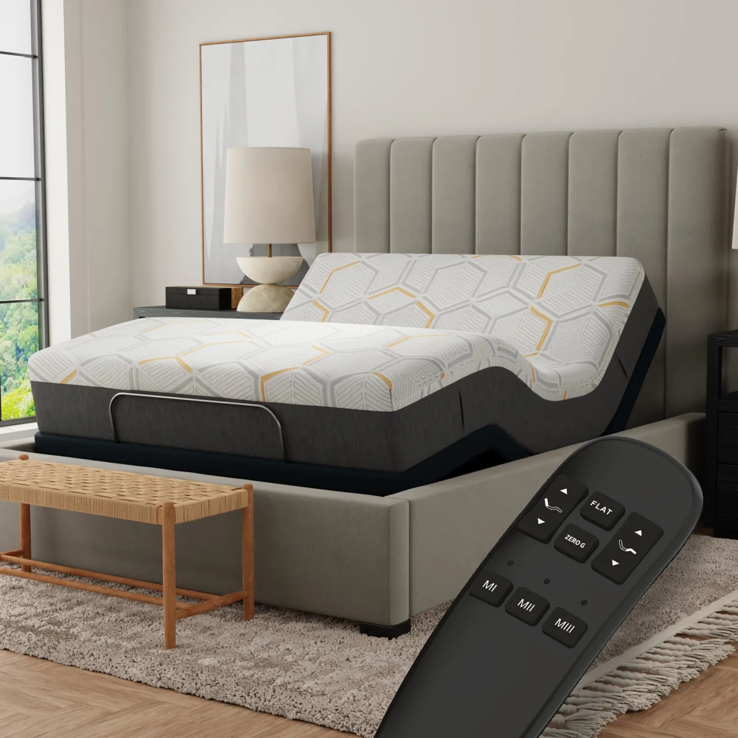 Blissful Nights e3 Adjustable Bed Frame and 12 Inch Copper Infused Cool Memory Foam Mattress Medium Firm Feel CertiPUR-US Certified (Full), White